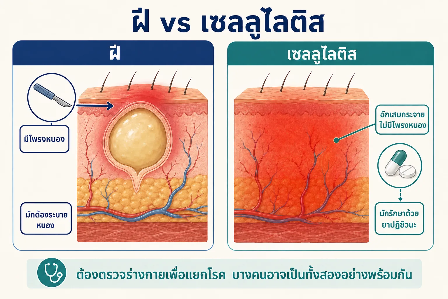 ภาพตัดขวางผิวหนังเปรียบเทียบฝีที่มีหนองรวมอยู่ในโพรงขอบเขตชัด กับเซลลูไลติสที่อักเสบแดงกระจายในชั้นผิวหนังและเนื้อเยื่อใต้ผิวโดยไม่มีโพรงหนอง
