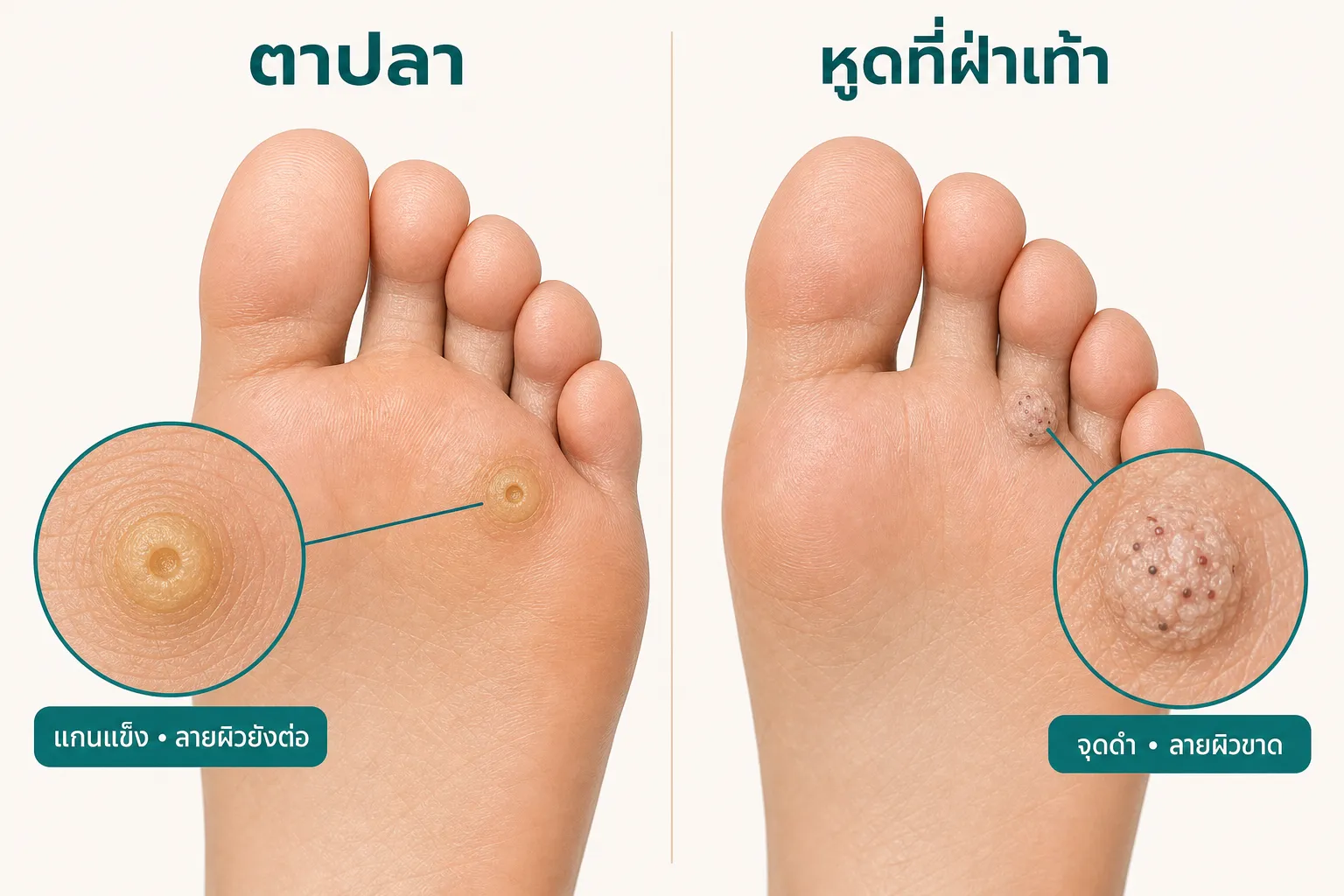 ภาพเปรียบเทียบครึ่งหน้าเท้าสองข้าง ฝั่งซ้ายเป็นตัวอย่างตาปลาที่เห็นแกนแข็งและรอยบุ๋มตื้นตรงกลาง ฝั่งขวาเป็นหูดที่มีจุดดำเล็กๆ และลายผิวขาดหาย