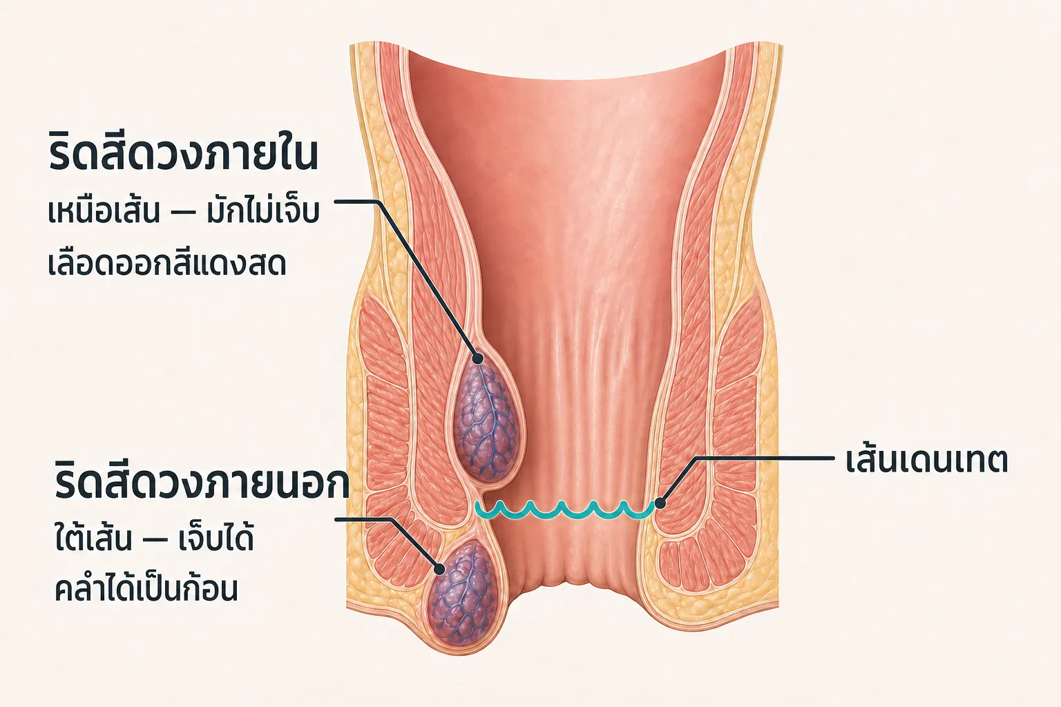 ภาพแผนผังเส้นเดนเทตในทวารหนัก แสดงริดสีดวงภายในเหนือเส้นซึ่งมักมีเลือดออกแต่ไม่เจ็บ และริดสีดวงภายนอกใต้เส้นซึ่งเจ็บและคลำเป็นก้อนได้