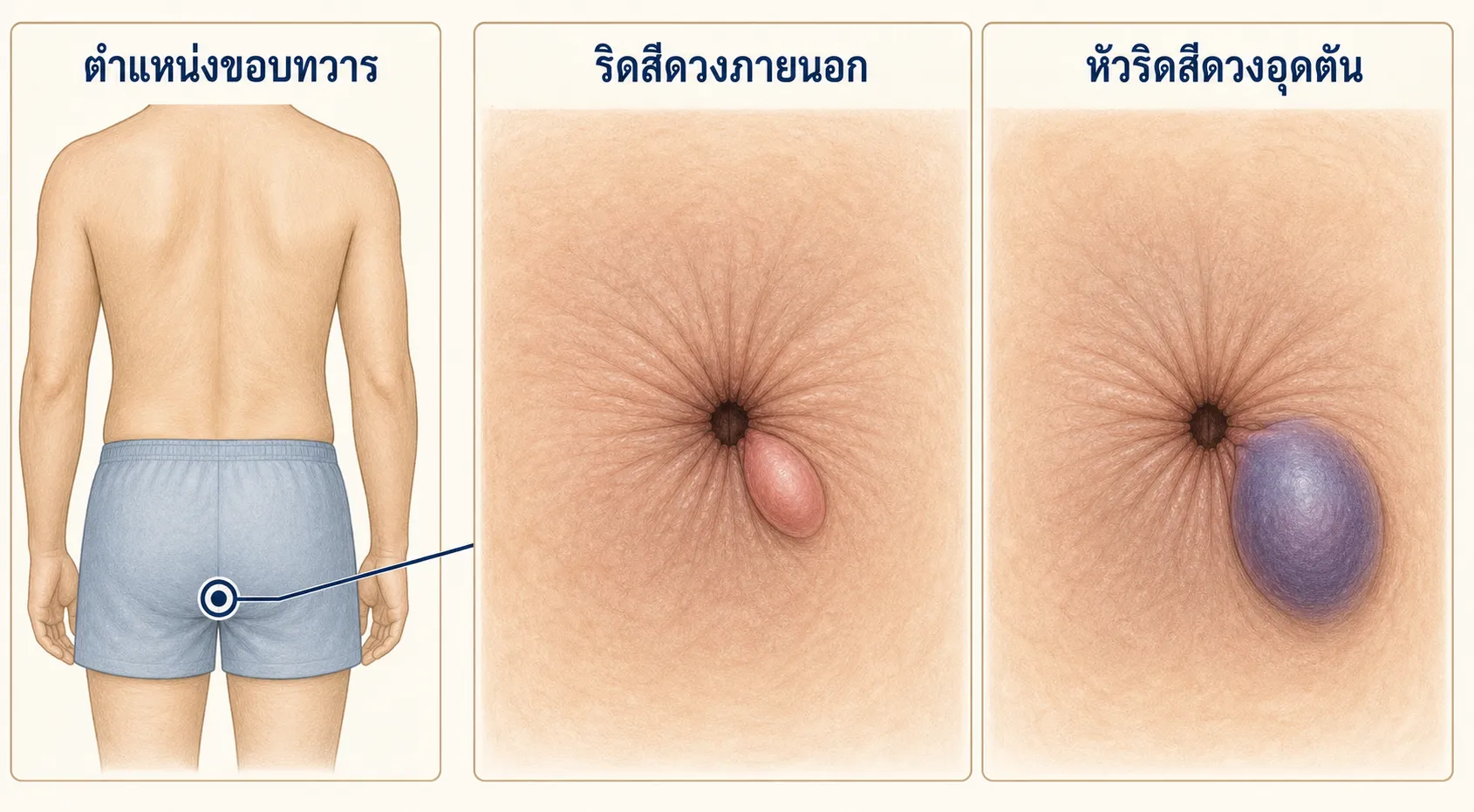 ภาพร่างกายด้านหลังชี้ตำแหน่งขอบทวาร และภาพขยายเปรียบเทียบริดสีดวงภายนอกที่เป็นก้อนเล็กสีชมพู กับหัวริดสีดวงอุดตันที่ก้อนใหญ่ ตึง และมีสีม่วงอมฟ้า
