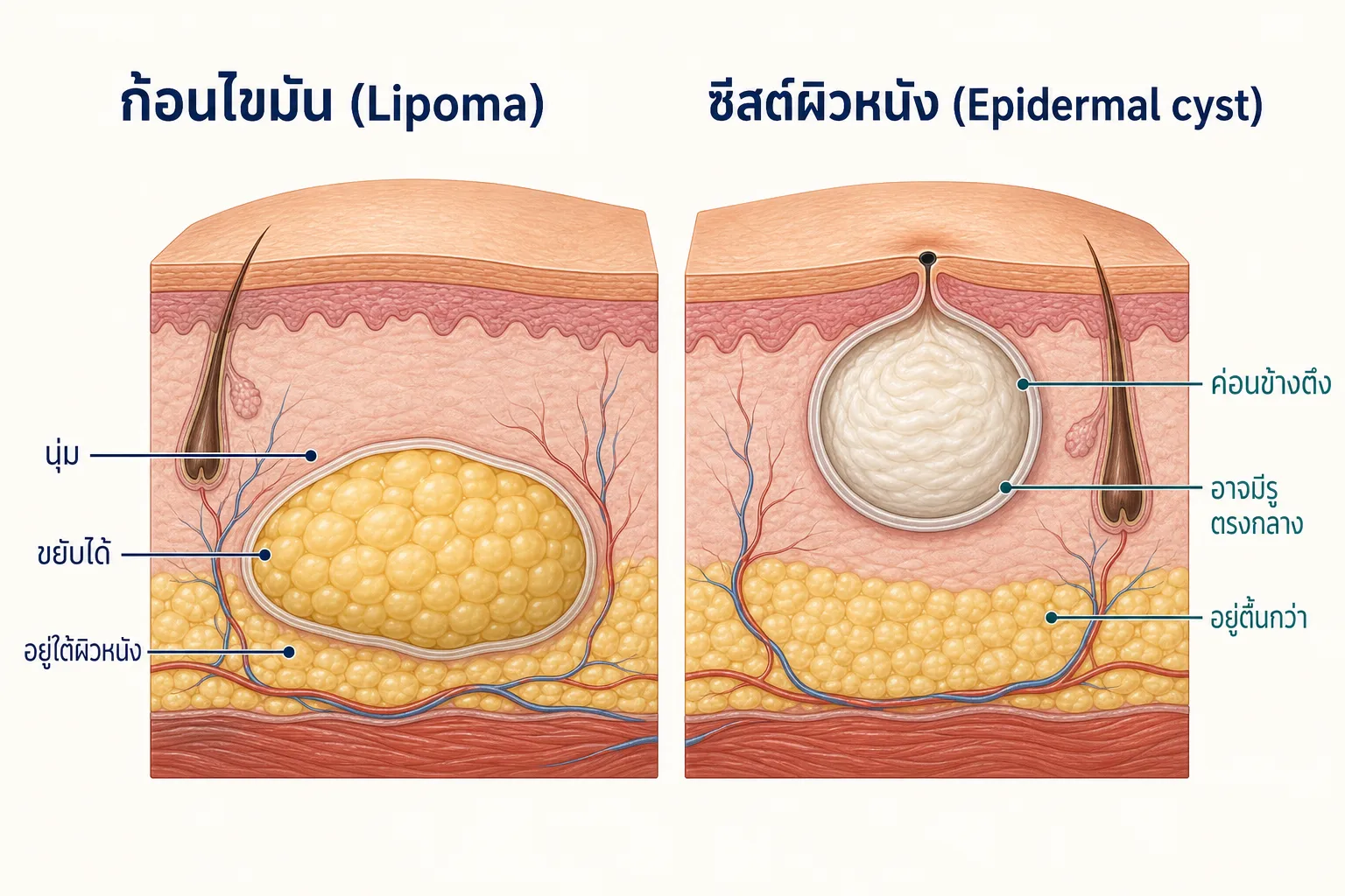 ภาพตัดขวางผิวหนังเปรียบเทียบก้อนไขมันไลโปมาที่เป็นก้อนไขมันสีเหลืองอยู่ในชั้นใต้ผิวหนัง กับซีสต์ผิวหนังที่เป็นถุงกลมตื้นกว่า มีสารเคราตินสีขาวและรูเปิดเล็กตรงกลางผิว